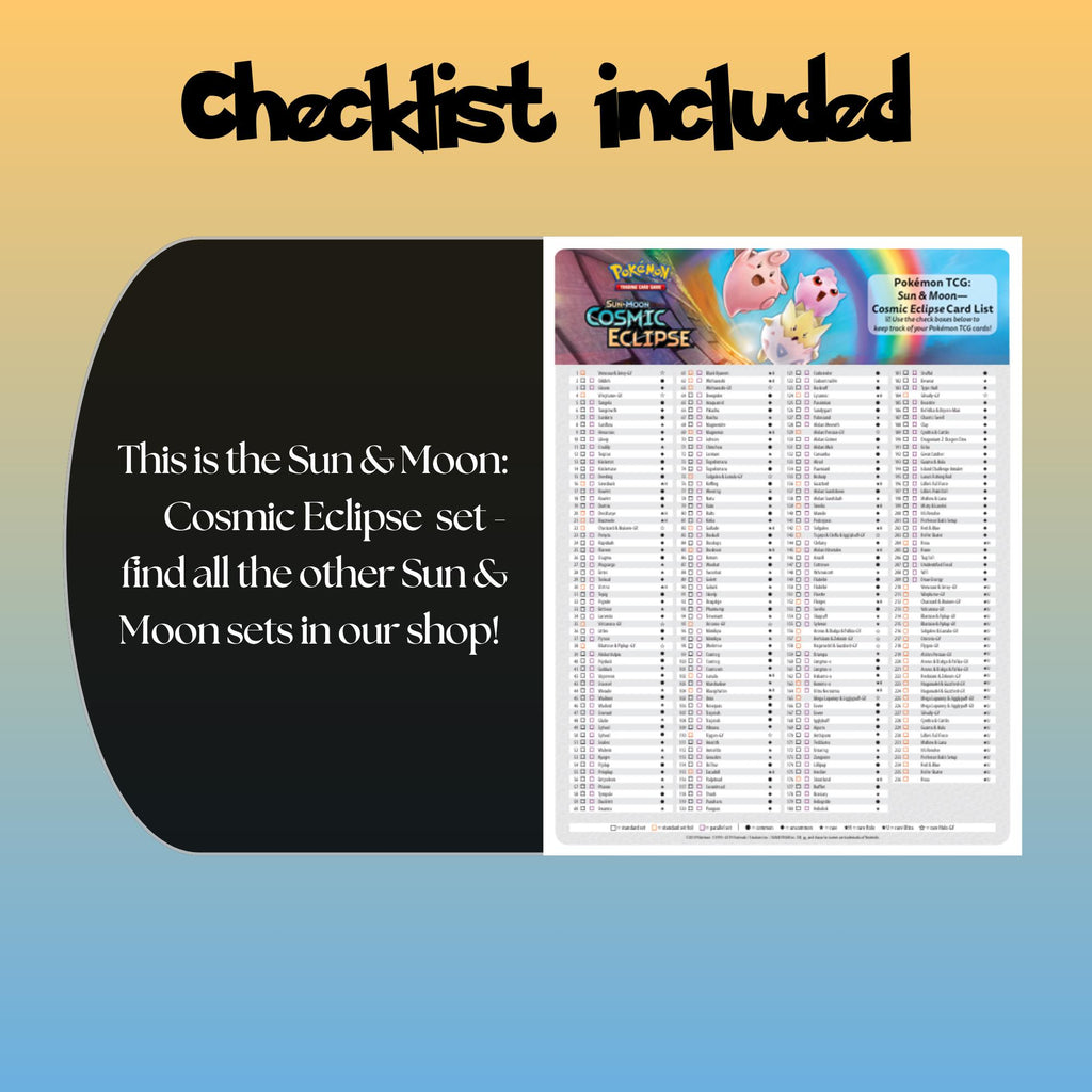 Example of the checklist that’s included to see which cards are all in the Cosmic Eclipse set from the Sun & Moon Series.