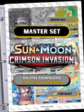 Sun & Moon: Crimson Invasion master set binder page showing grayscale and color Pokémon cards, designed as a digital download with checklist to complete a collector’s binder.