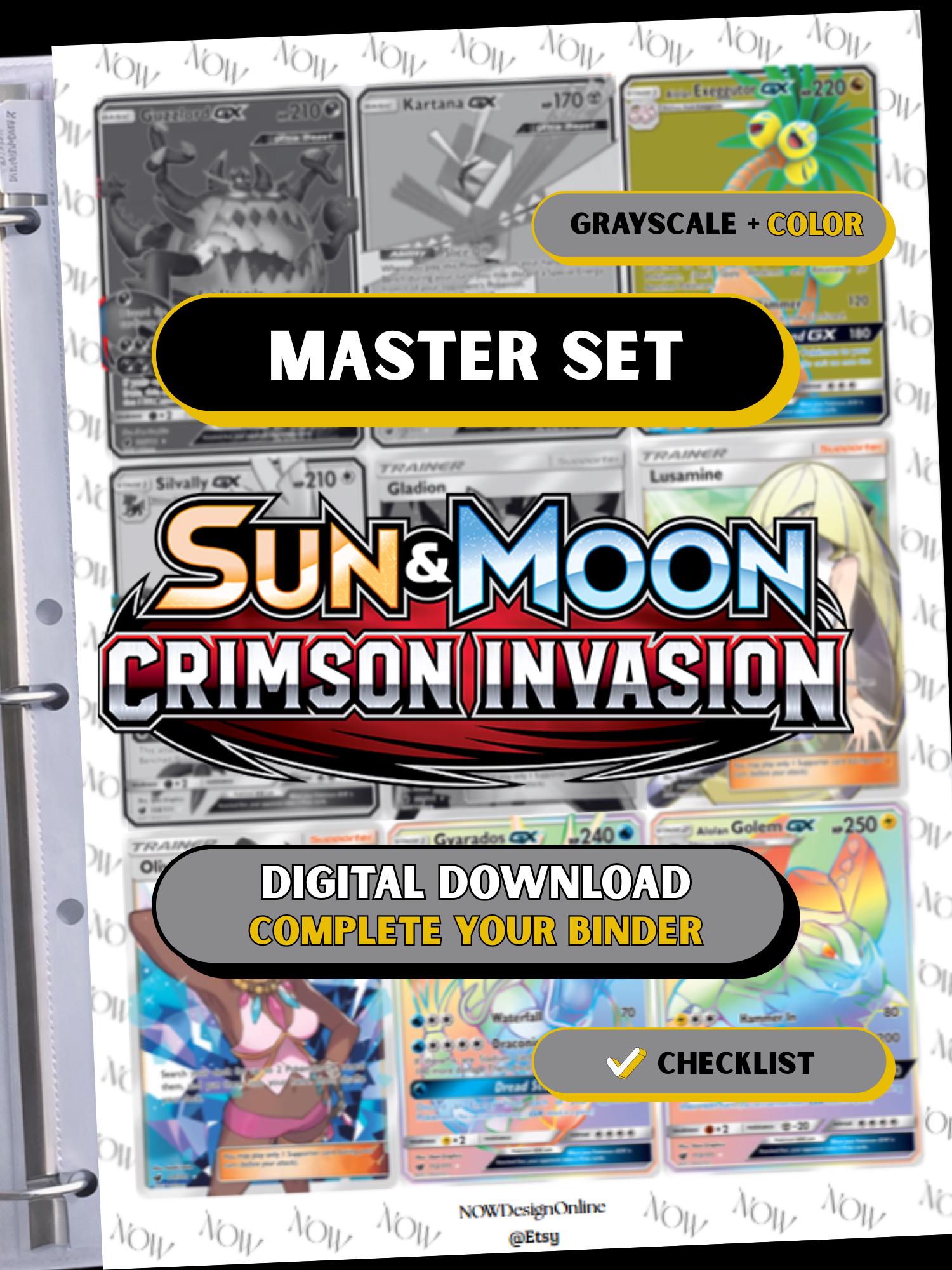 Sun & Moon: Crimson Invasion master set binder page showing grayscale and color Pokémon cards, designed as a digital download with checklist to complete a collector’s binder.