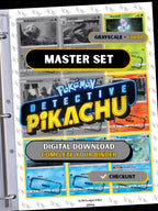 Detective Pikachu master set binder page showing grayscale and color Pokémon cards, designed as a digital download with checklist to complete a collector’s binder.