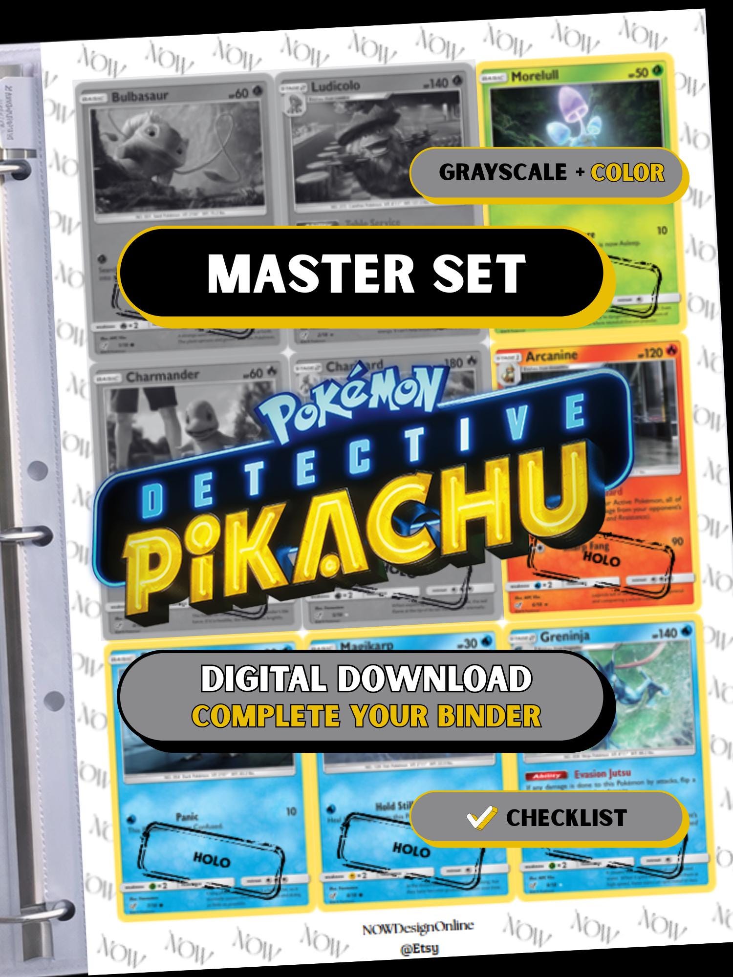 Detective Pikachu master set binder page showing grayscale and color Pokémon cards, designed as a digital download with checklist to complete a collector’s binder.