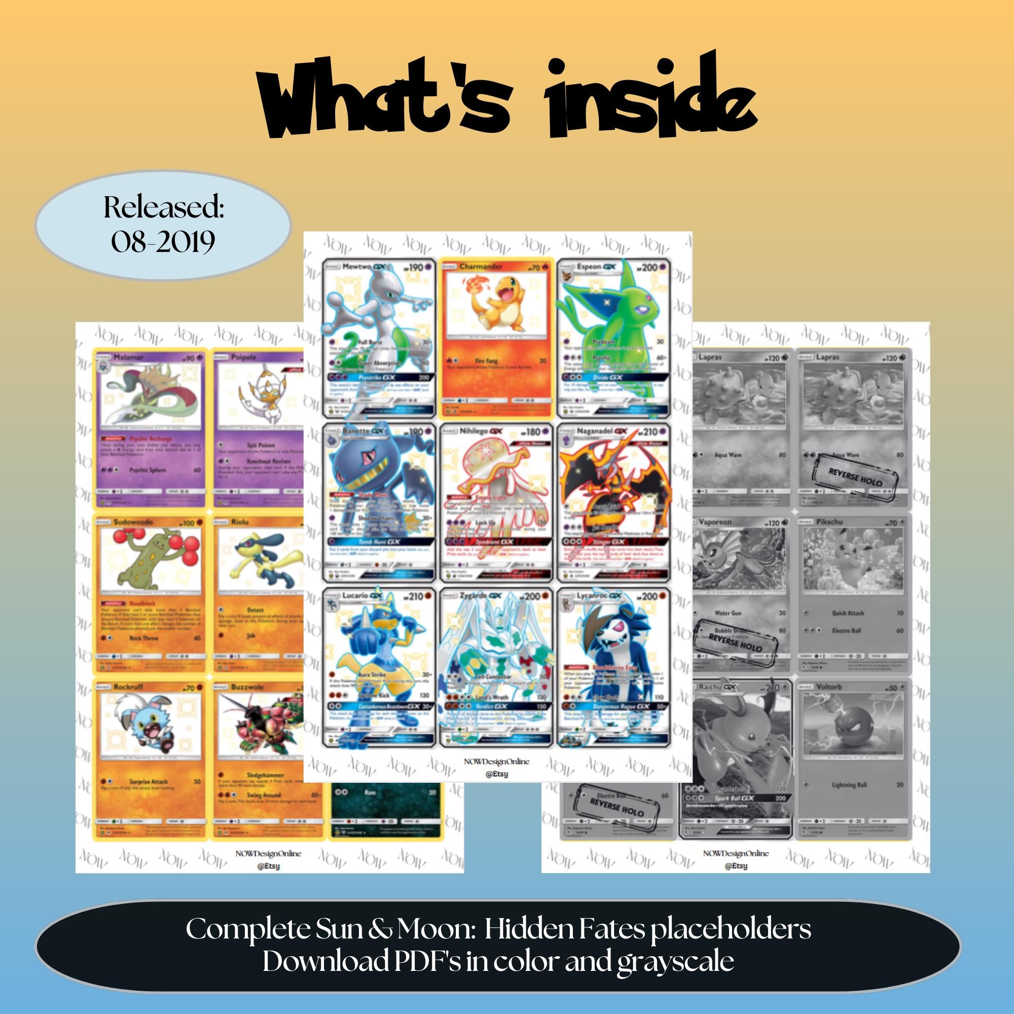 Sun & Moon: Hidden Fates master set overview showing the included Pokémon cards to print and a full color checklist for the Sun & Moon binder.