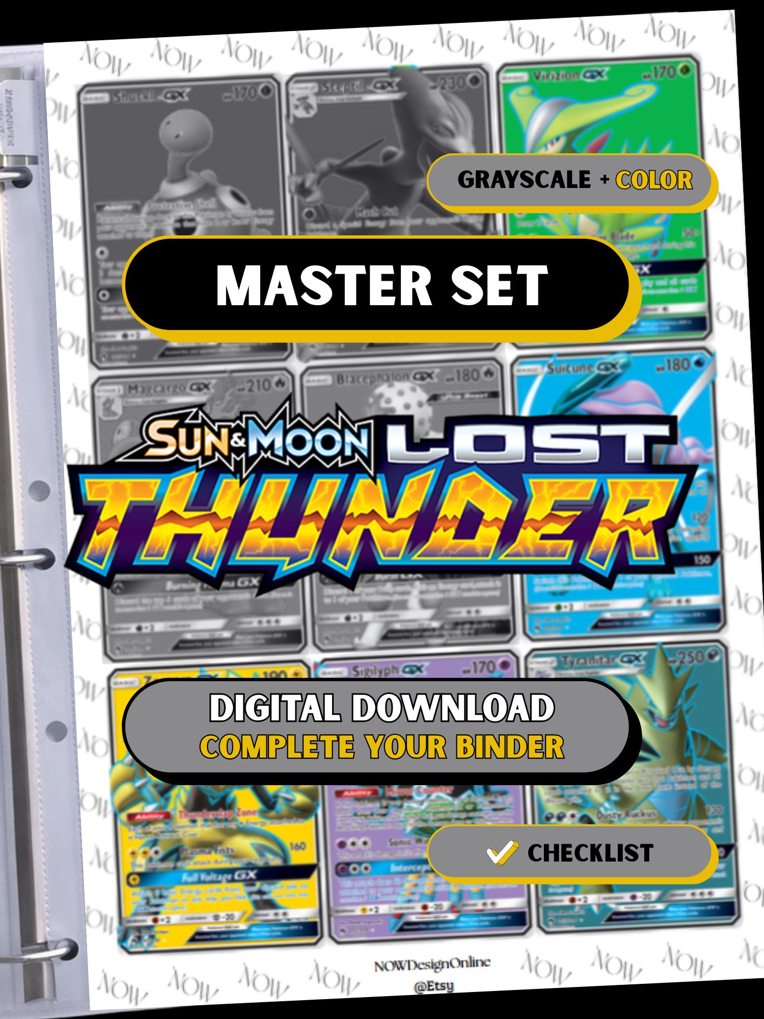 Sun & Moon: Lost Thunder master set binder page showing grayscale and color Pokémon cards, designed as a digital download with checklist to complete a collector’s binder.
