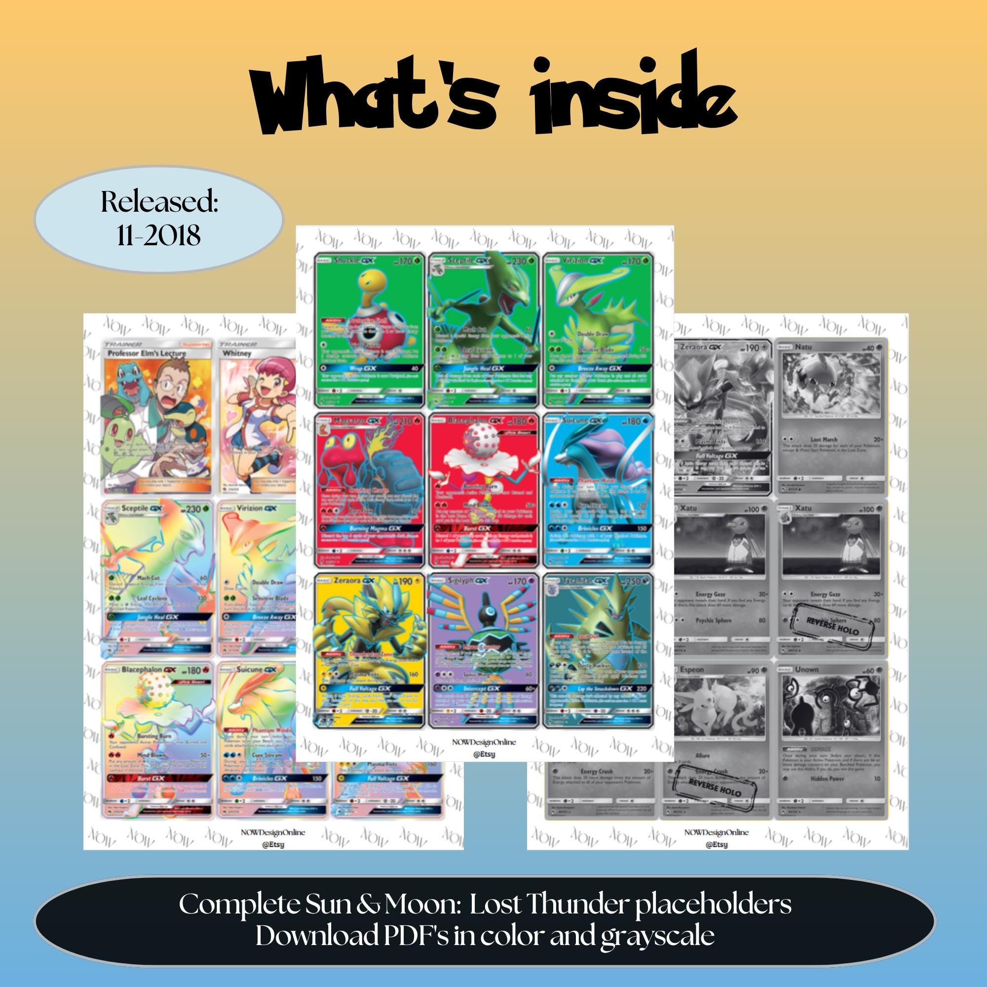 Sun & Moon: Lost Thunder master set overview showing the included Pokémon cards to print and a full color checklist for the Sun & Moon binder.