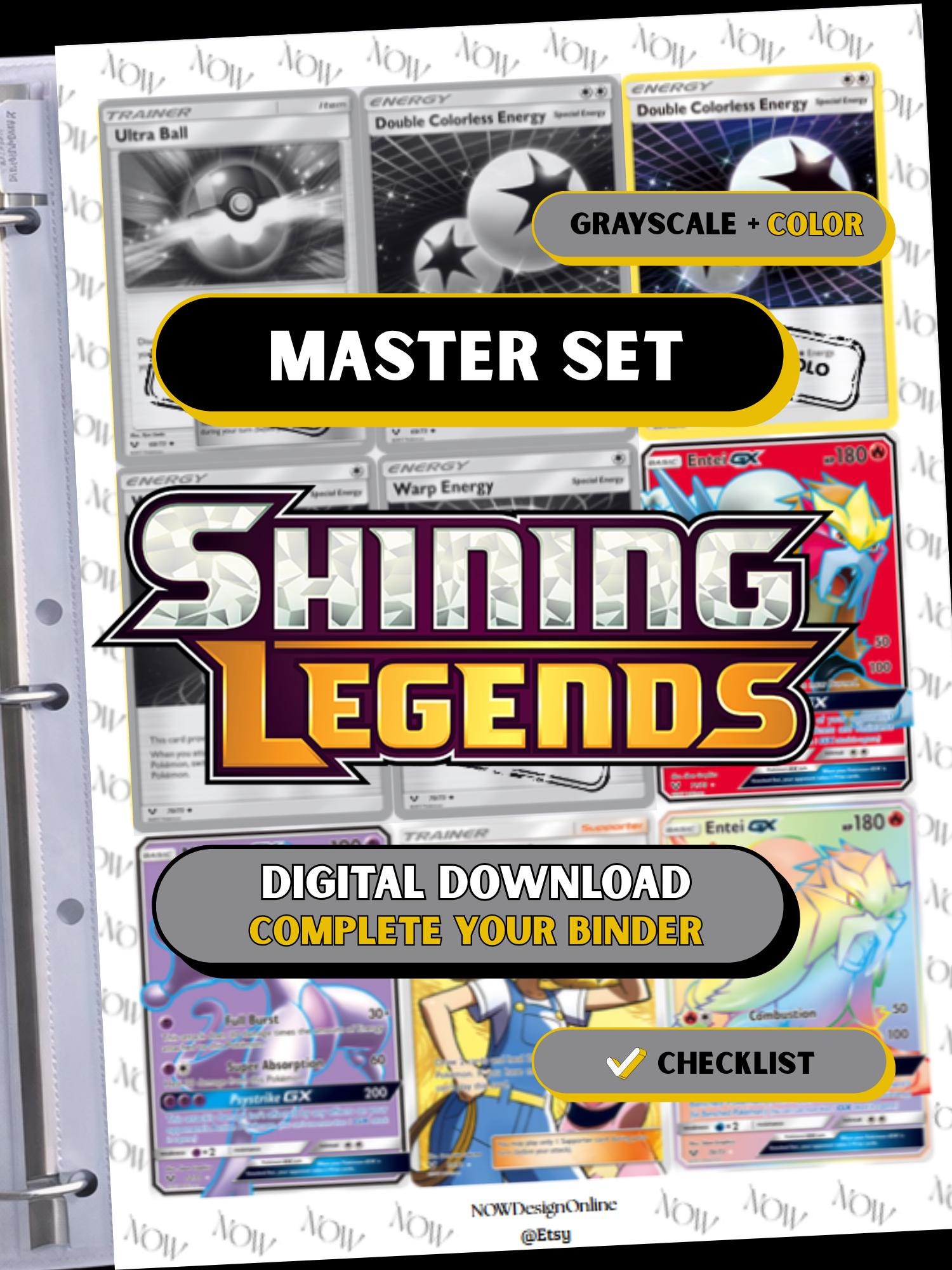 Sun & Moon: Shining Legends master set binder page showing grayscale and color Pokémon cards, designed as a digital download with checklist to complete a collector’s binder.