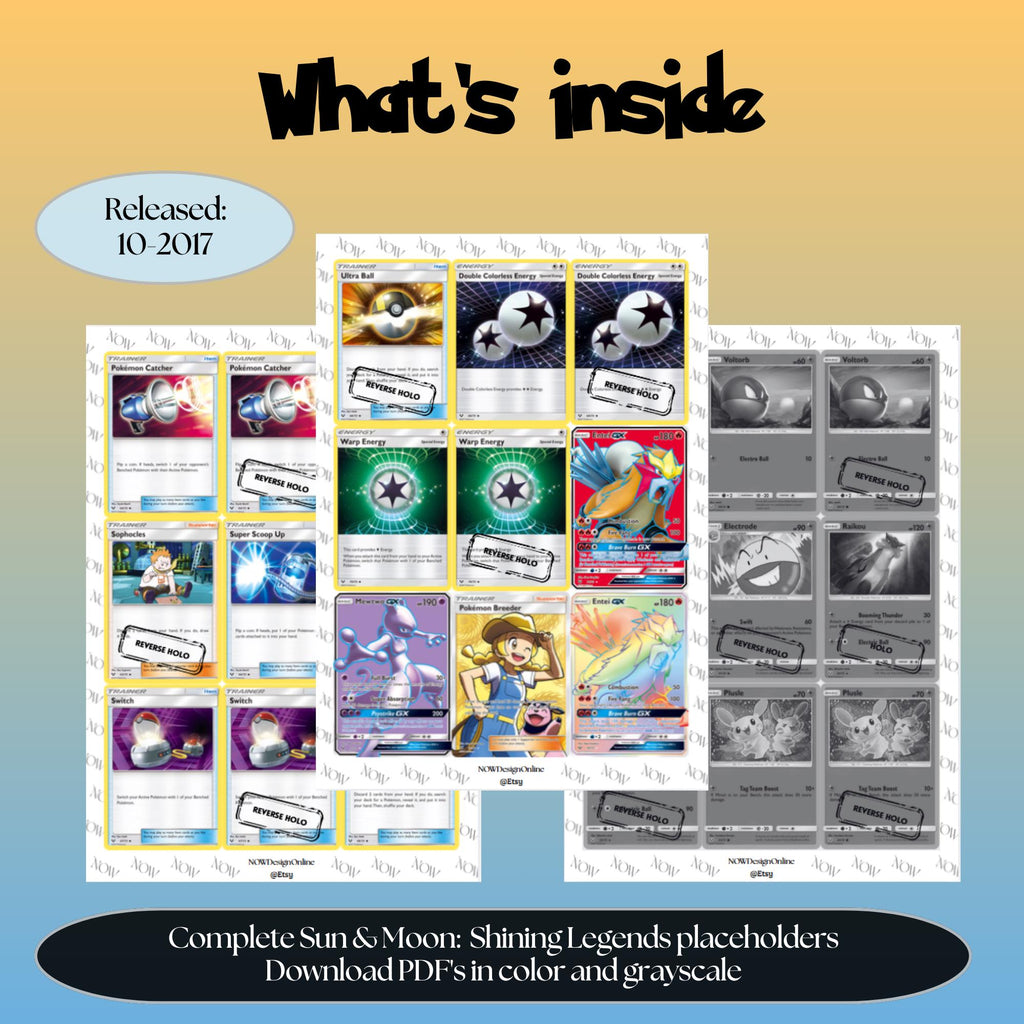 Sun & Moon: Shining Legends master set overview showing the included Pokémon cards to print and a full color checklist for the Sun & Moon binder.
