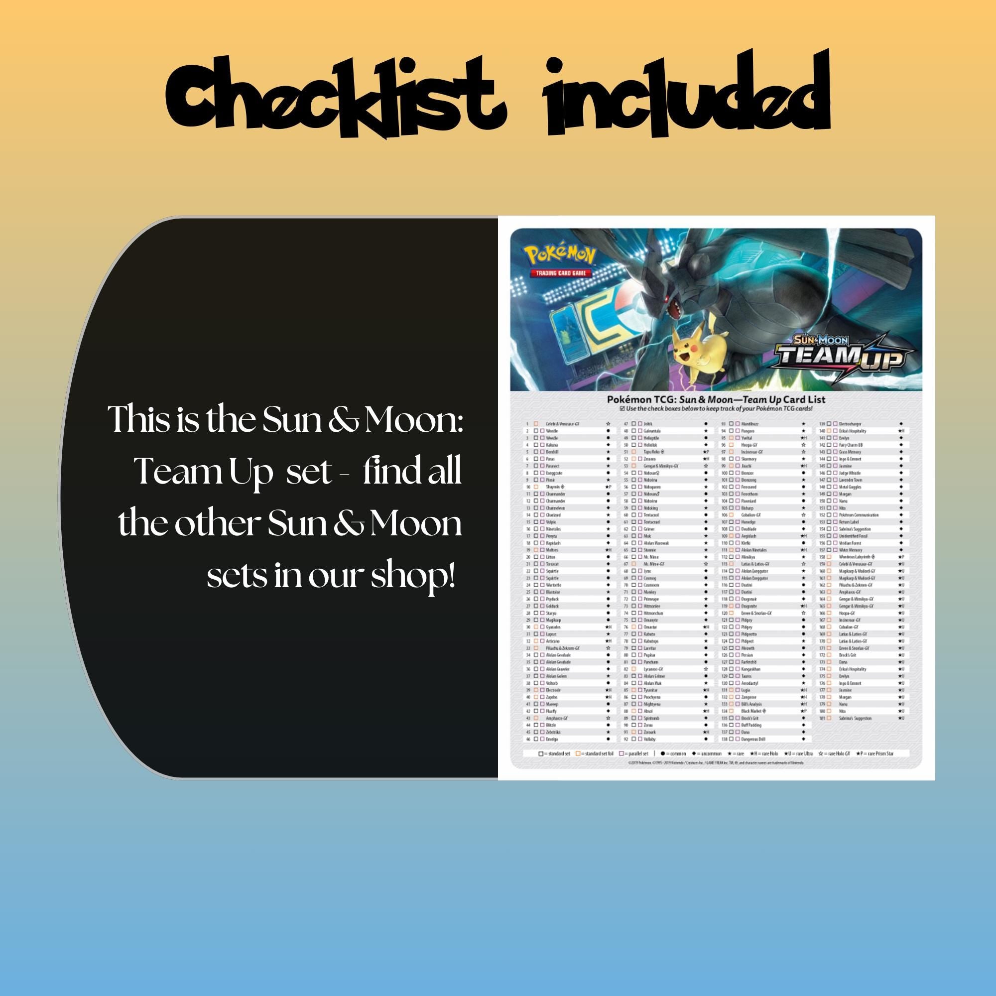 Example of the checklist that’s included to see which cards are all in the Team Up set from the Sun & Moon Series.