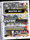 Sun & Moon: Ultra Prism master set binder page showing grayscale and color Pokémon cards, designed as a digital download with checklist to complete a collector’s binder.