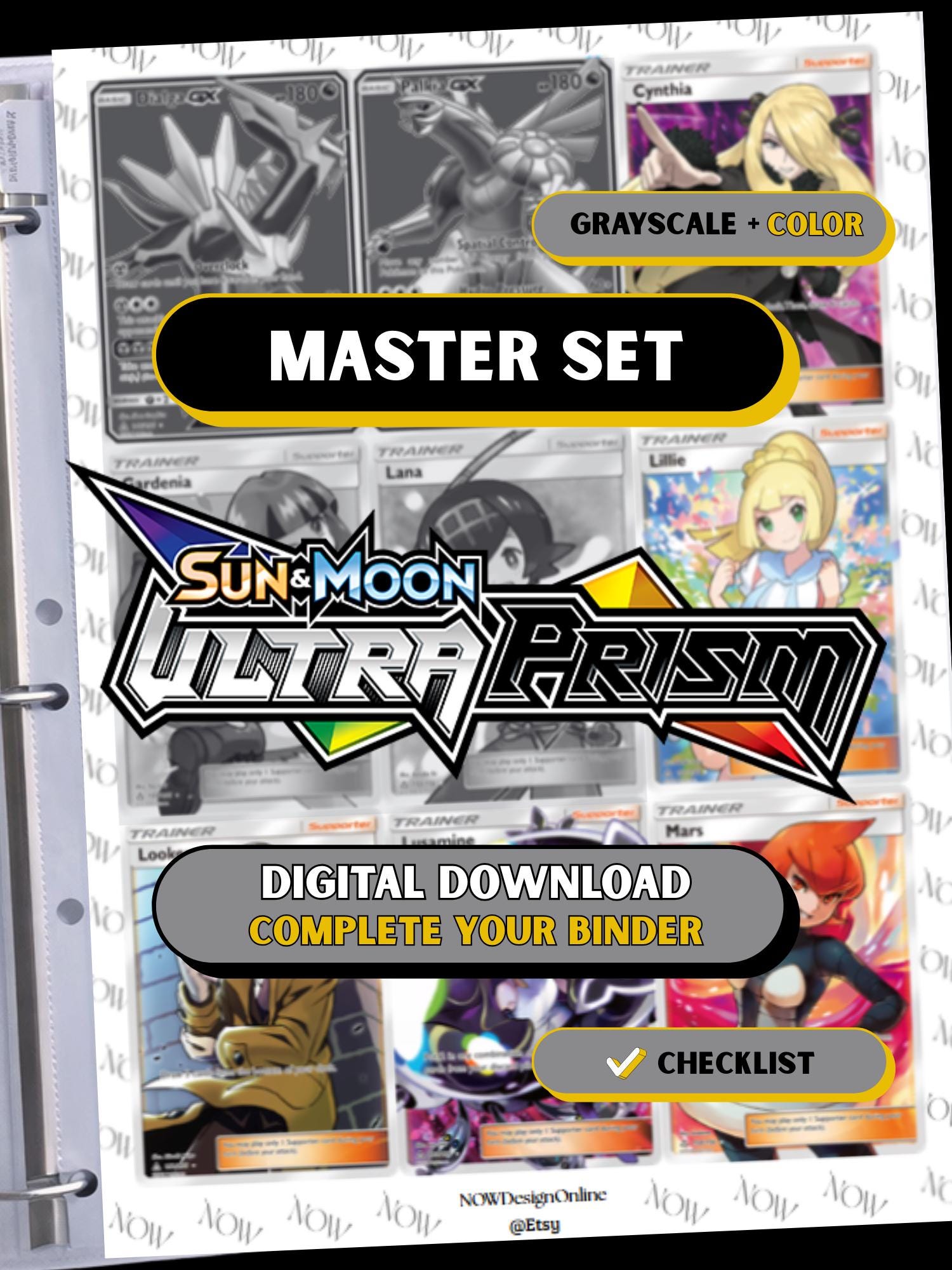 Sun & Moon: Ultra Prism master set binder page showing grayscale and color Pokémon cards, designed as a digital download with checklist to complete a collector’s binder.