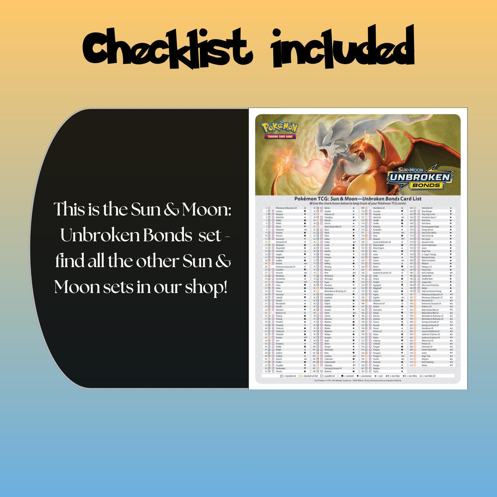 Example of the checklist that’s included to see which cards are all in the Unbroken Bonds set from the Sun & Moon Series.