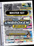 Sun & Moon: Unbroken Bonds master set binder page showing grayscale and color Pokémon cards, designed as a digital download with checklist to complete a collector’s binder.