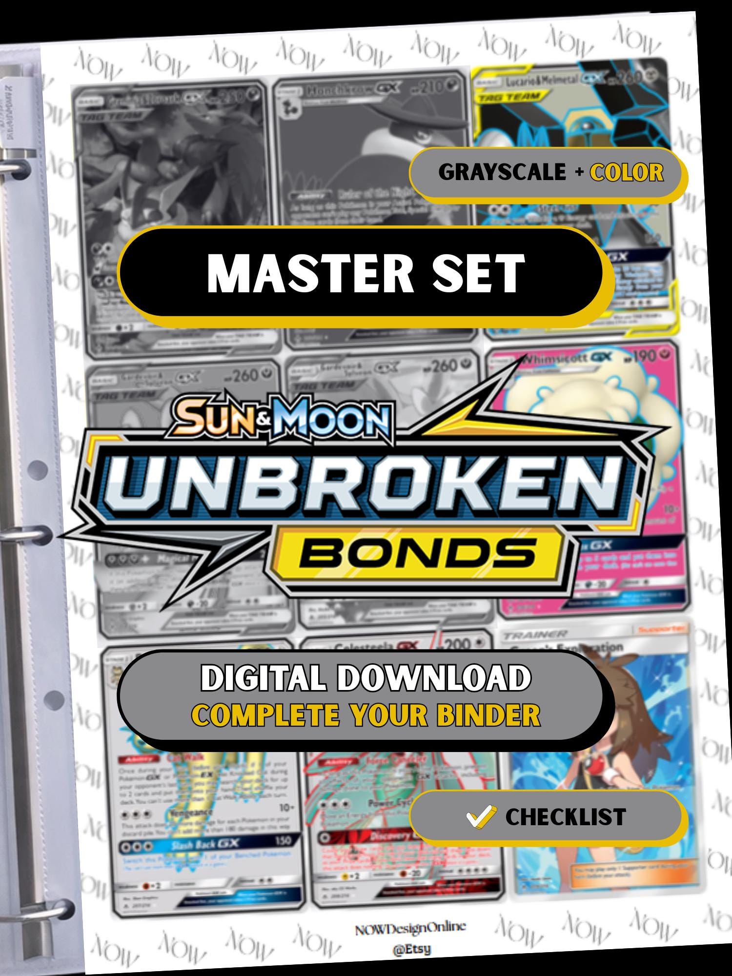 Sun & Moon: Unbroken Bonds master set binder page showing grayscale and color Pokémon cards, designed as a digital download with checklist to complete a collector’s binder.