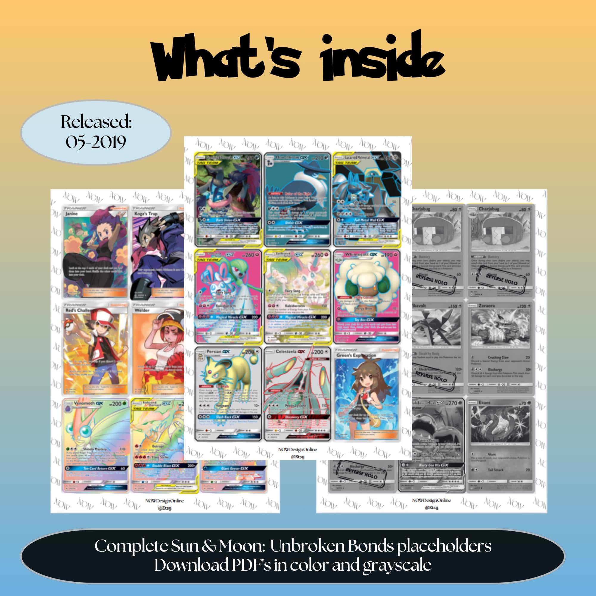 Sun & Moon: Unbroken Bonds master set overview showing the included Pokémon cards to print and a full color checklist for the Sun & Moon binder.