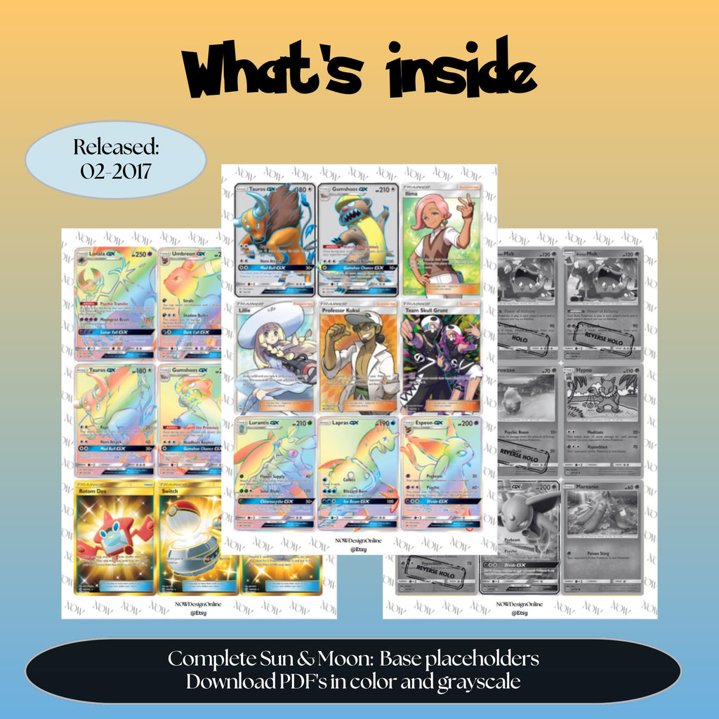 Sun & Moon Base set overview showing the included Pokémon cards to print and a full color checklist for the Sun & Moon binder.