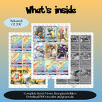 Sun & Moon Base set overview showing the included Pokémon cards to print and a full color checklist for the Sun & Moon binder.
