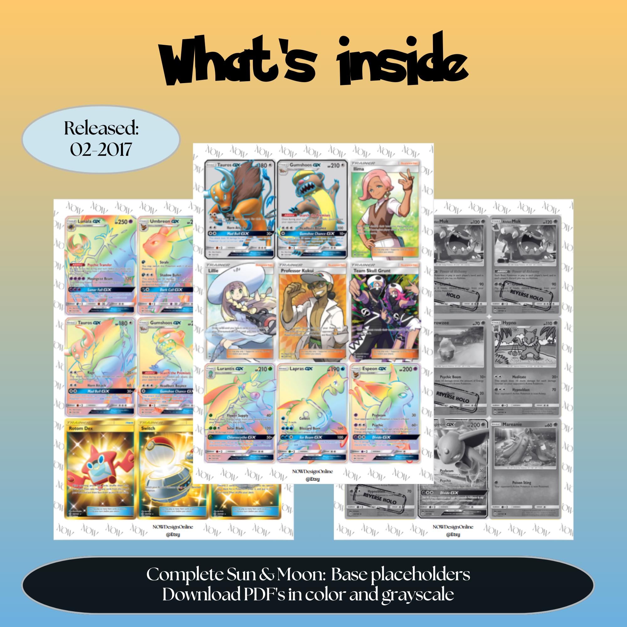 Sun & Moon Base set overview showing the included Pokémon cards to print and a full color checklist for the Sun & Moon binder.