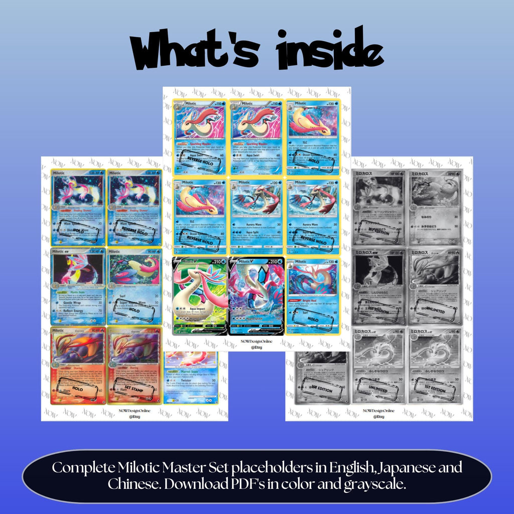Milotic binder pages set overview showing the included Pokémon cards to print and cut for your binder sleeves.