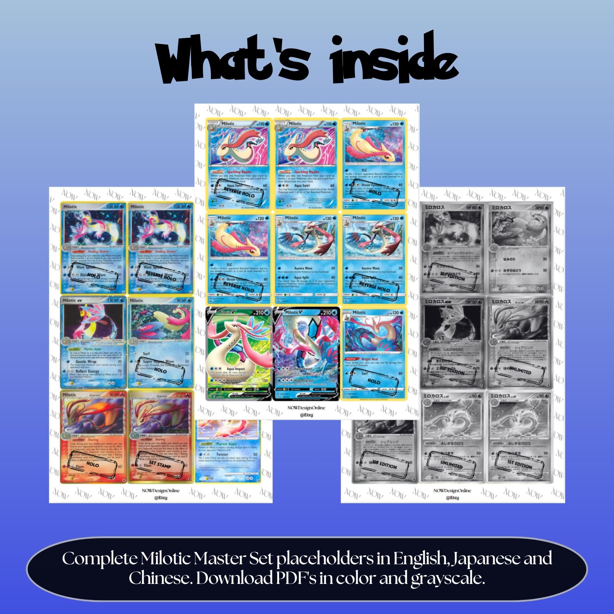 Milotic binder pages set overview showing the included Pokémon cards to print and cut for your binder sleeves.