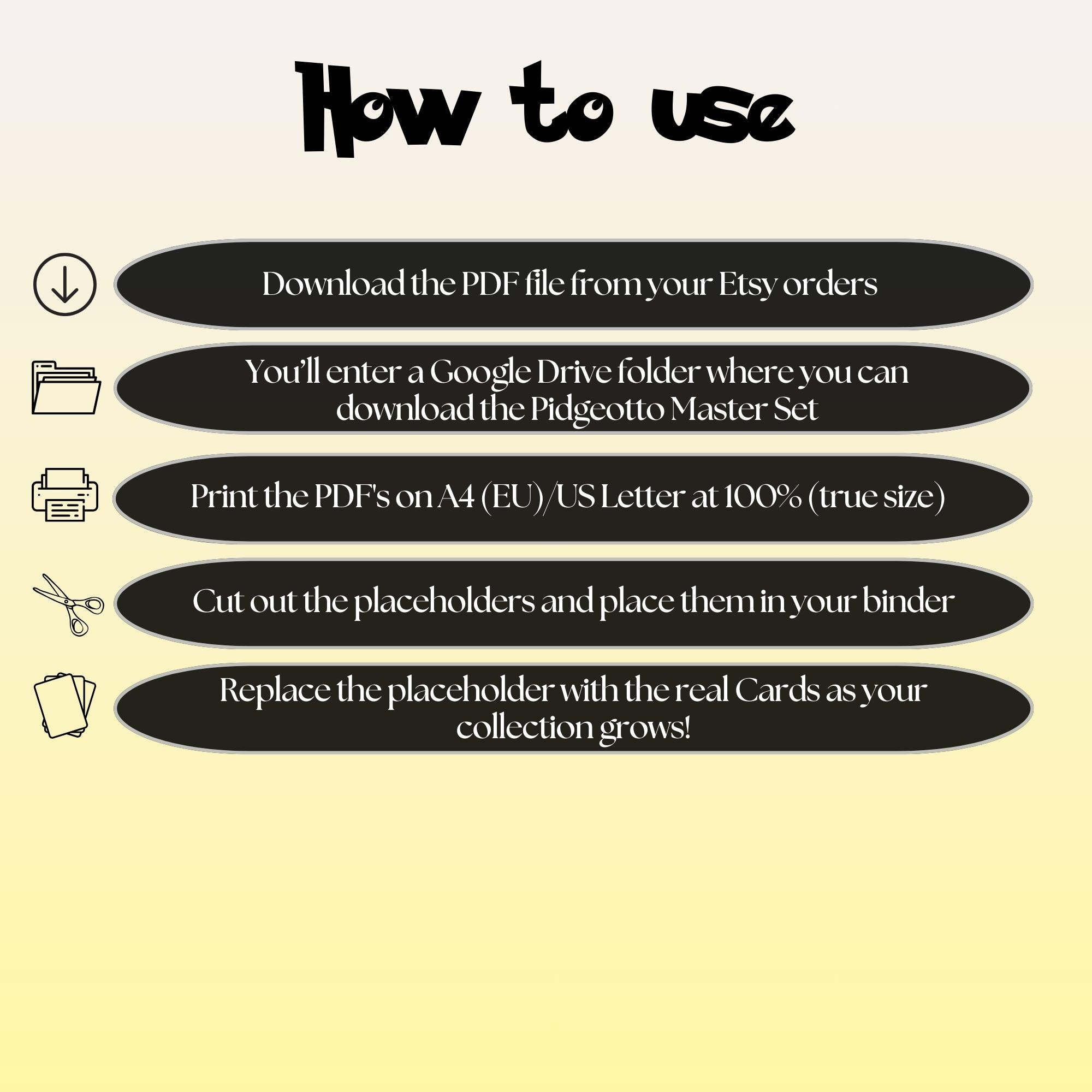 Pidgeotto cards digital download instructions explaining how to print, cut, and place placeholders in a Pokémon binder.