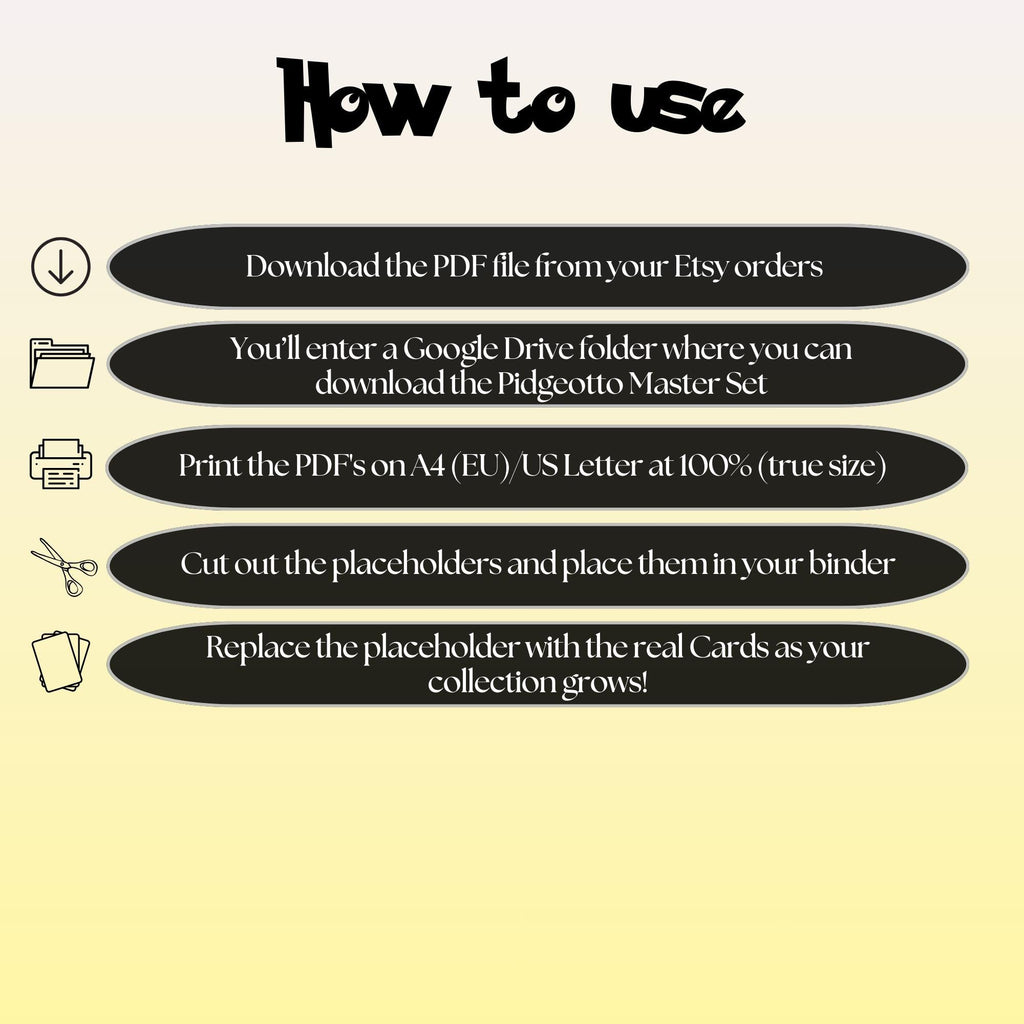 Pidgeotto cards digital download instructions explaining how to print, cut, and place placeholders in a Pokémon binder.