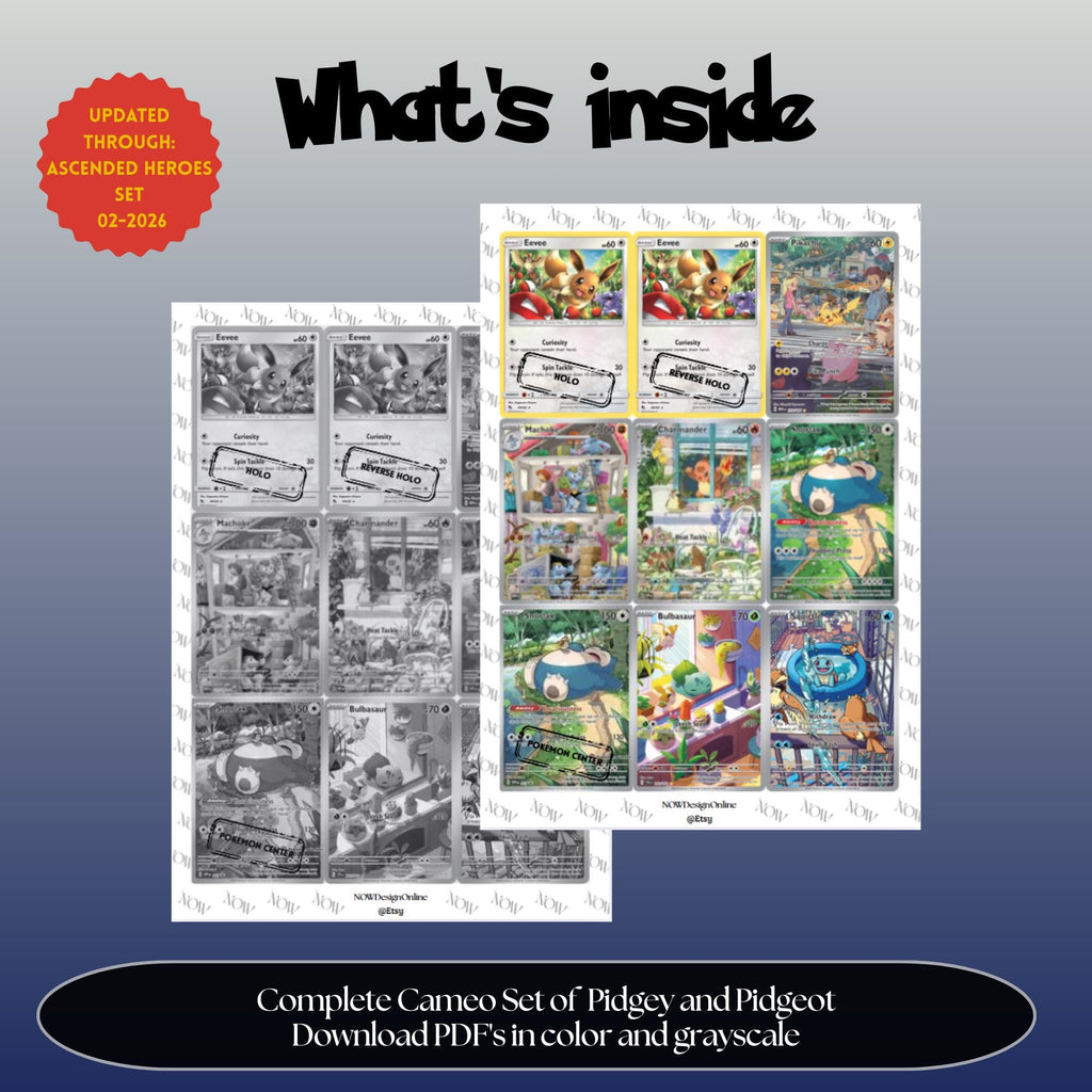 Pidgey & Pidgeot Cameo binder pages set overview showing the included Pokémon cards to print and cut for your binder sleeves.
