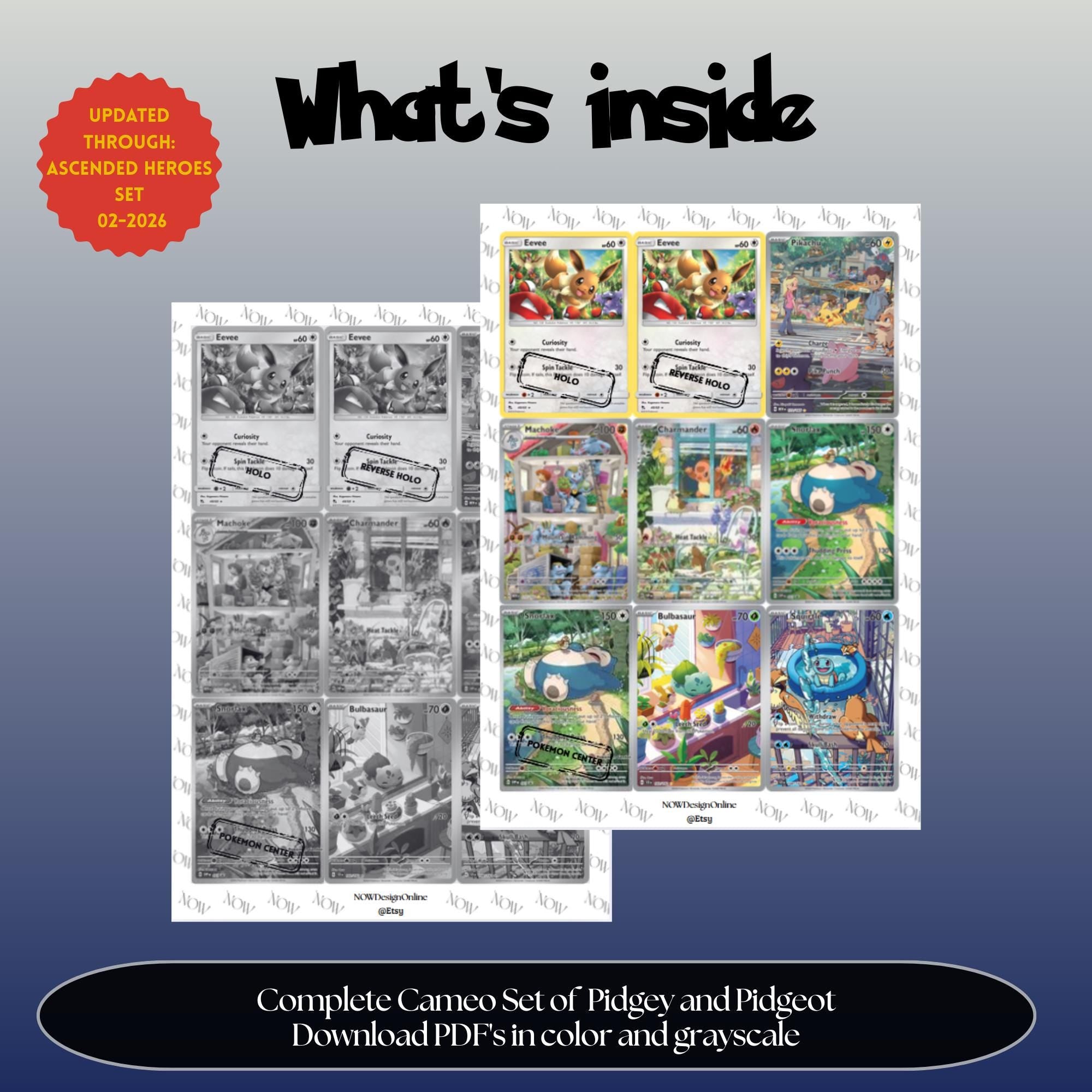 Pidgey & Pidgeot Cameo binder pages set overview showing the included Pokémon cards to print and cut for your binder sleeves.