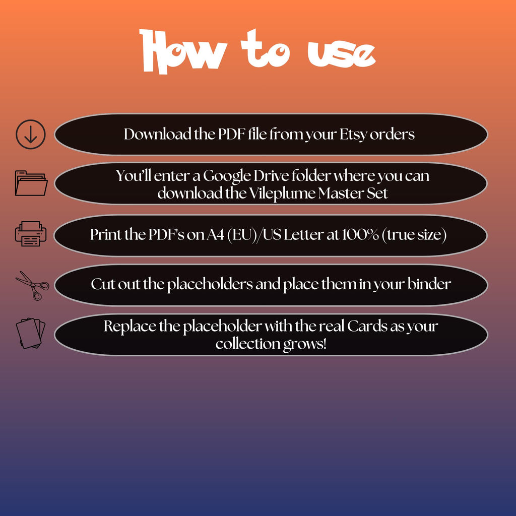 Vileplume cards digital download instructions explaining how to print, cut, and place placeholders in a Pokémon binder.