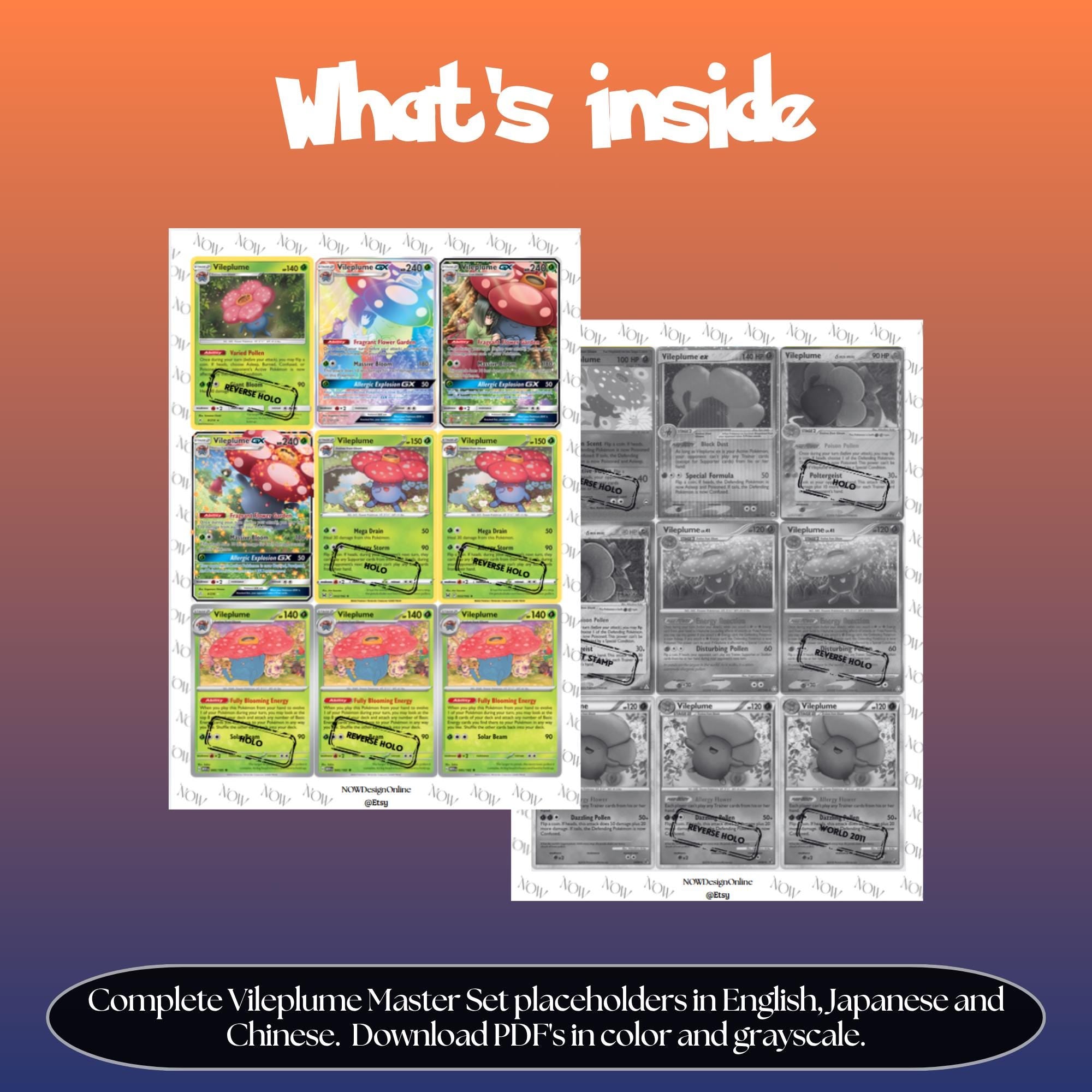 Vileplume binder pages set overview showing the included Pokémon cards to print and cut for your binder sleeves.