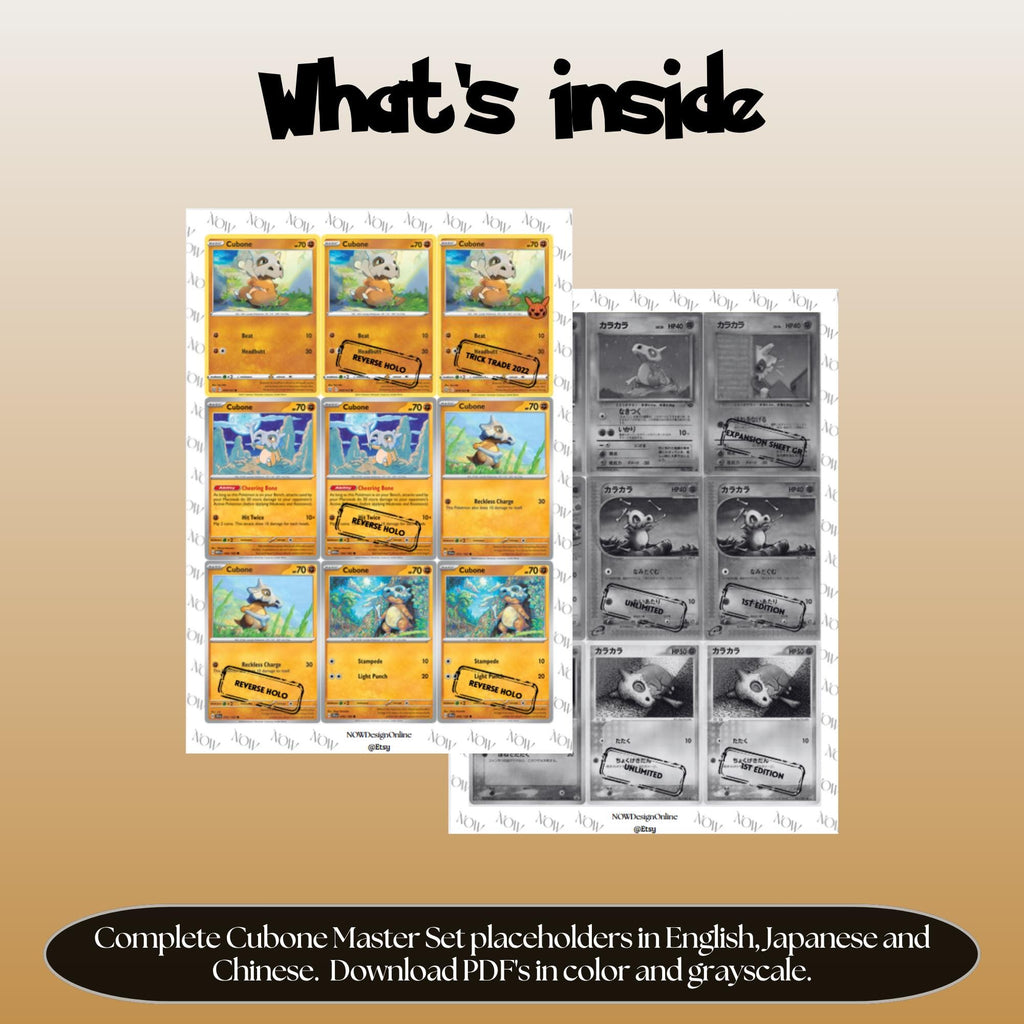 Cubone binder pages set overview showing the included Pokémon cards to print and cut for your binder sleeves.