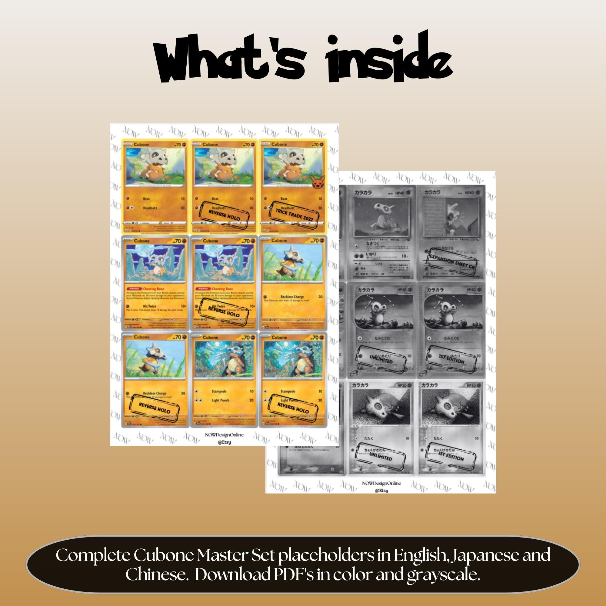Cubone binder pages set overview showing the included Pokémon cards to print and cut for your binder sleeves.