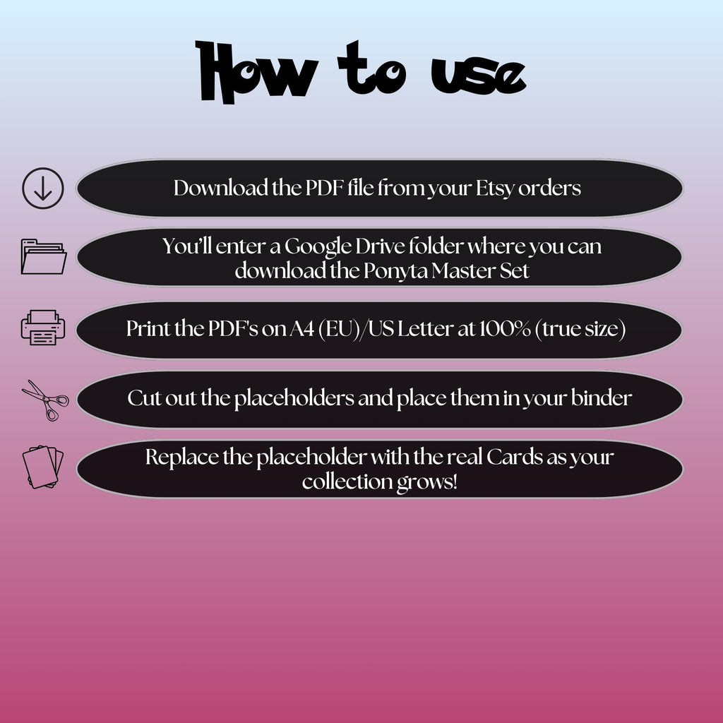 Ponyta cards digital download instructions explaining how to print, cut, and place placeholders in a Pokémon binder.