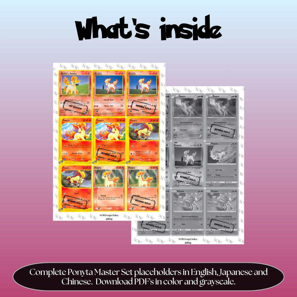Ponyta binder pages set overview showing the included Pokémon cards to print and cut for your binder sleeves.