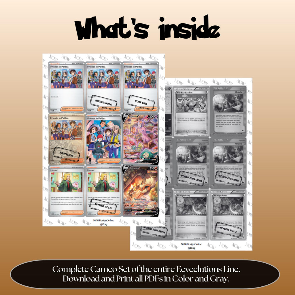Eevee and Evolutions Cameo binder pages set overview showing the included Pokémon cards to print and cut for your binder sleeves.