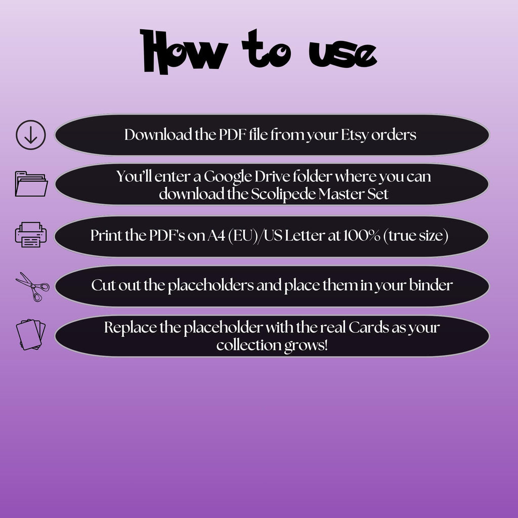 Scolipede cards digital download instructions explaining how to print, cut, and place placeholders in a Pokémon binder.