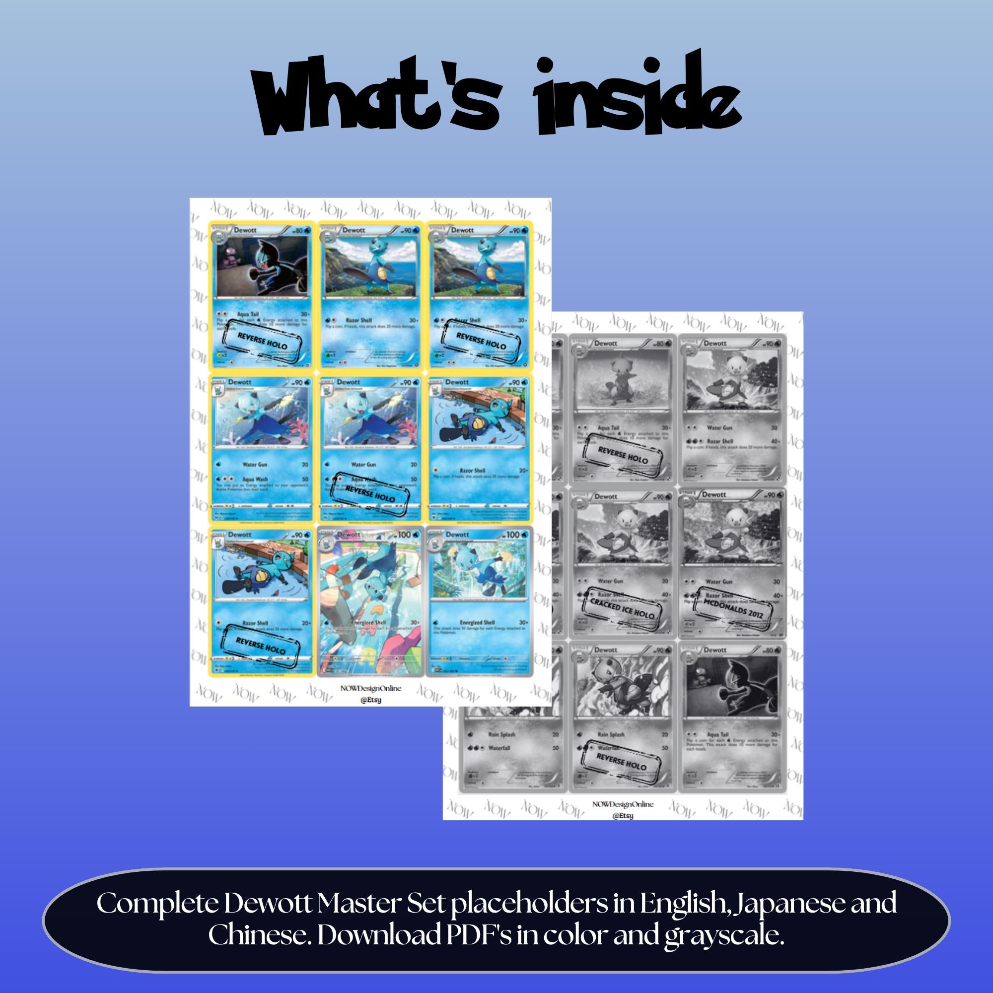 Dewott binder pages set overview showing the included Pokémon cards to print and cut for your binder sleeves.