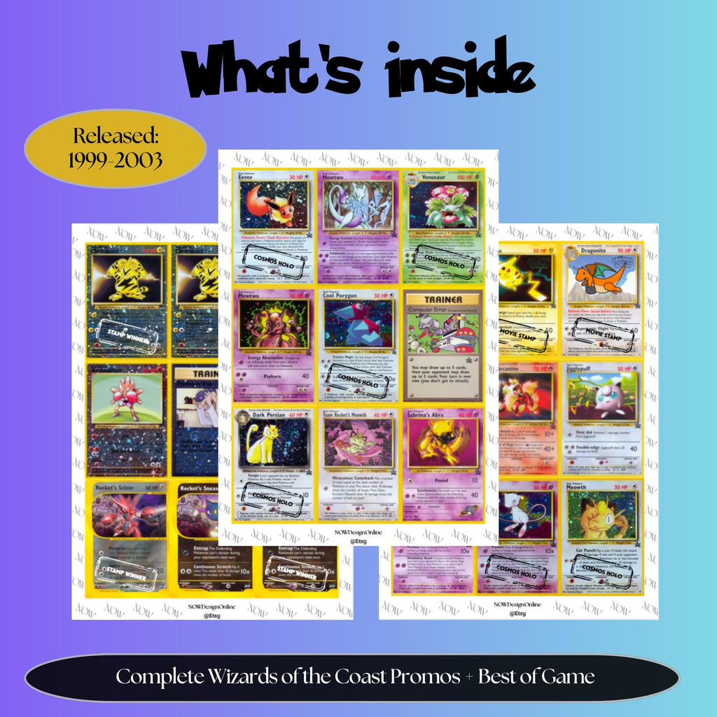WOTC: Black Star Promos master set overview showing the included Pokémon cards to print and a full color checklist for the WOTC binder.