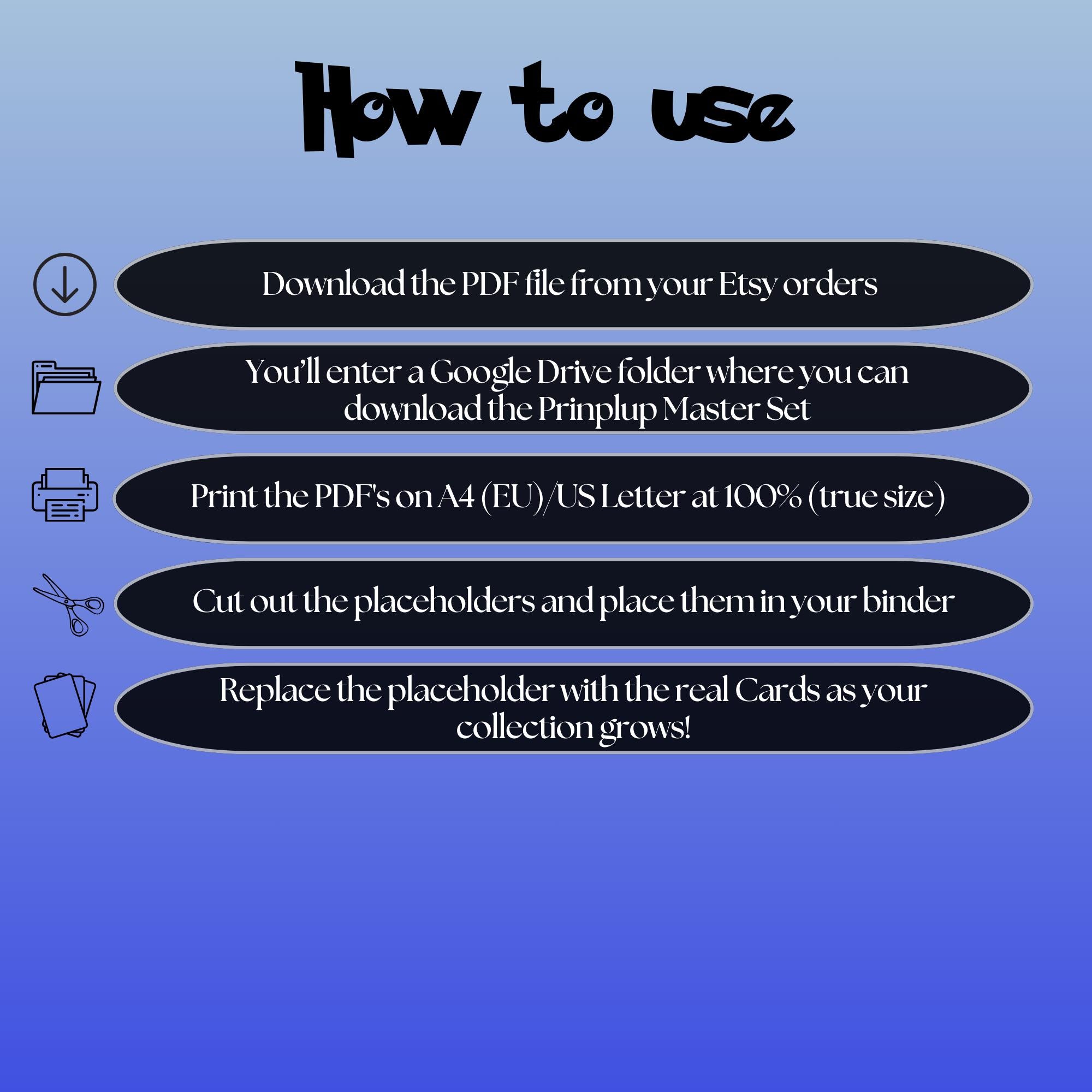 Prinplup cards digital download instructions explaining how to print, cut, and place placeholders in a Pokémon binder.