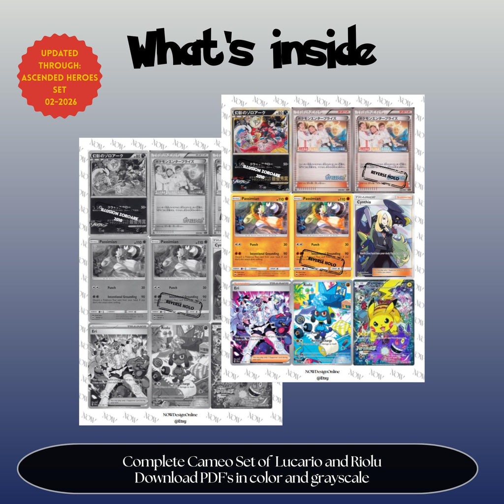 Lucario & Riolu Cameo binder pages set overview showing the included Pokémon cards to print and cut for your binder sleeves.