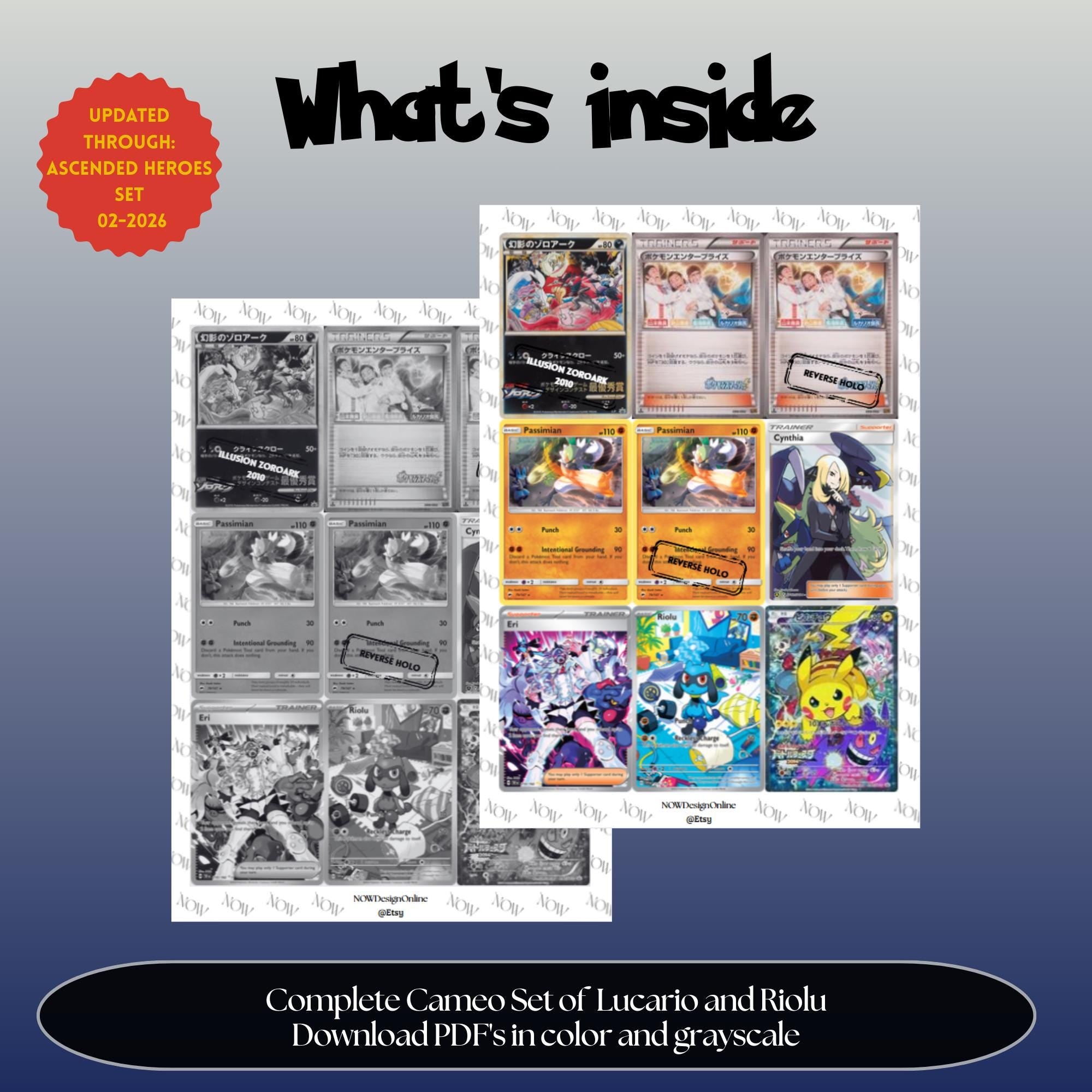 Lucario & Riolu Cameo binder pages set overview showing the included Pokémon cards to print and cut for your binder sleeves.