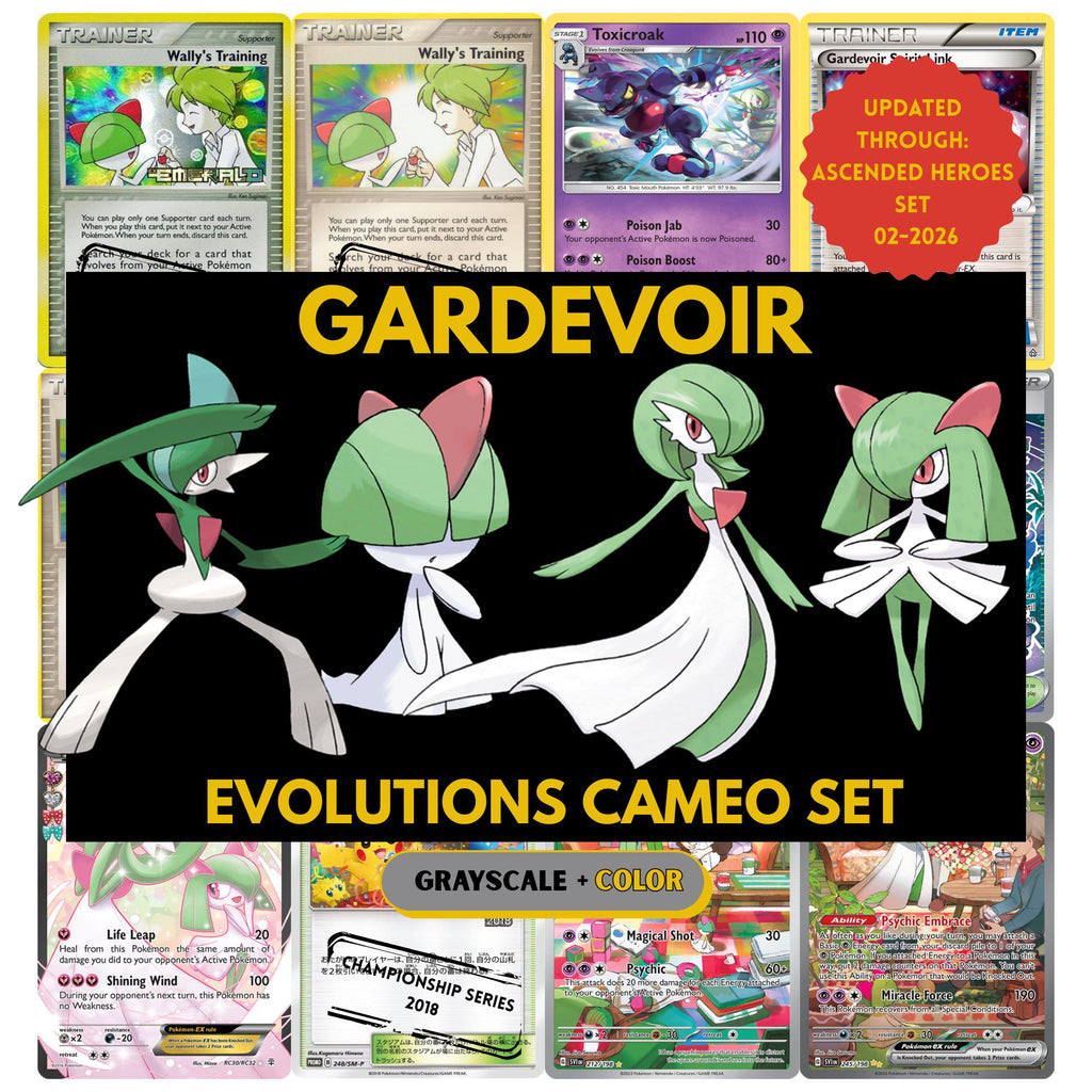 Gardevoir and Evolutions Cameo binder pages set showing grayscale and color Pokémon cards, designed as a digital download to complete a collector’s binder.