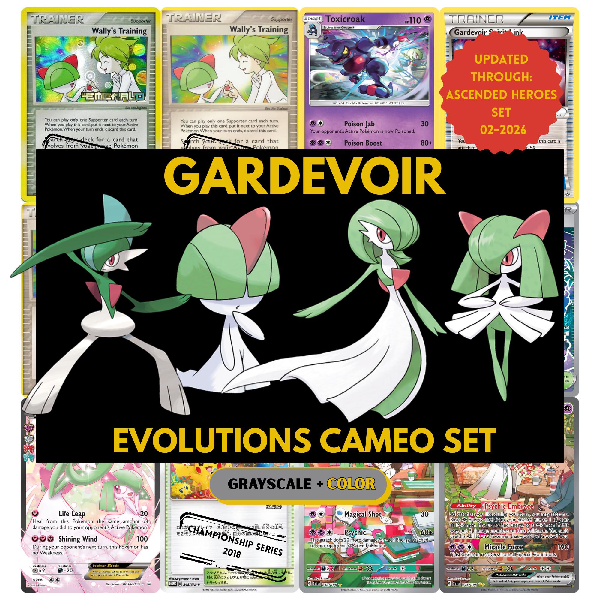 Gardevoir and Evolutions Cameo binder pages set showing grayscale and color Pokémon cards, designed as a digital download to complete a collector’s binder.