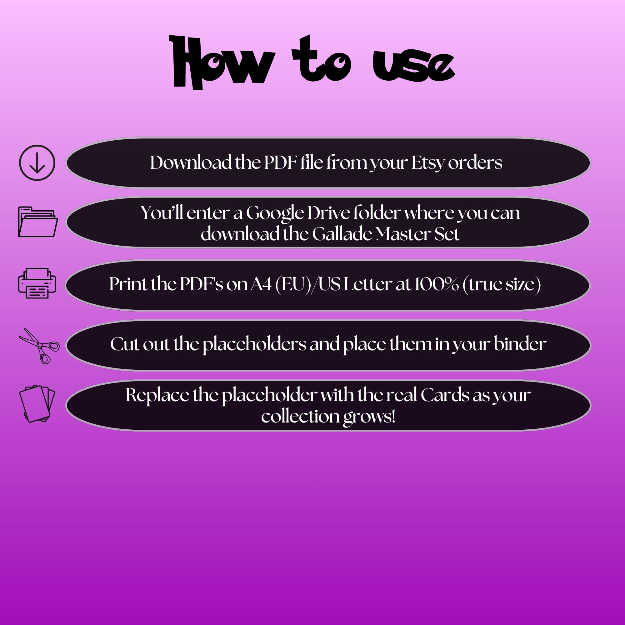 Gallade cards digital download instructions explaining how to print, cut, and place placeholders in a Pokémon binder.