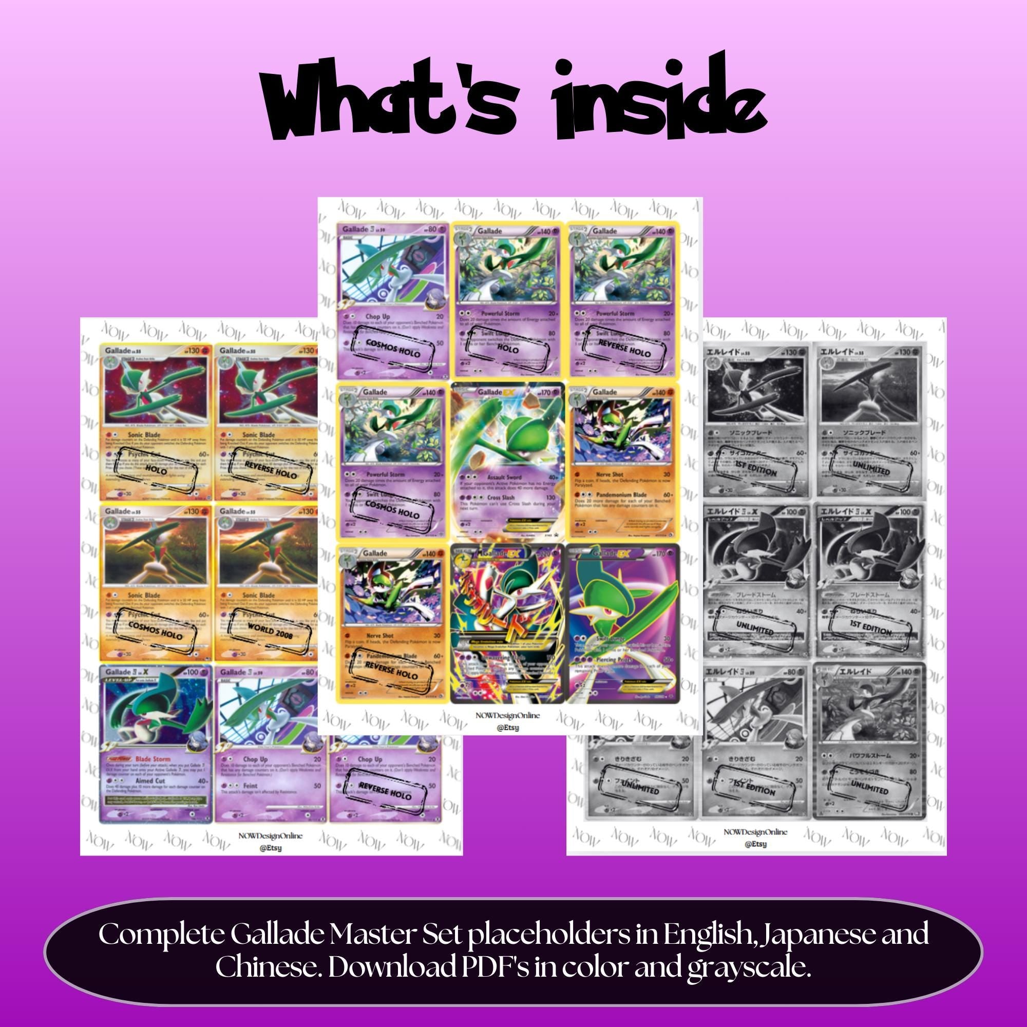 Gallade binder pages set overview showing the included Pokémon cards to print and cut for your binder sleeves.