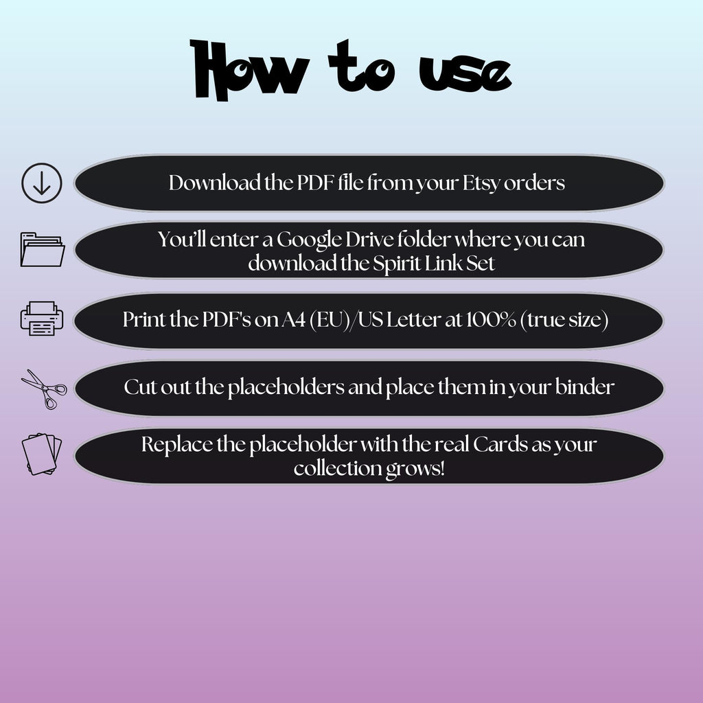 Spirit Link Trainer card placeholders digital download instructions explaining how to print, cut, and place the inserts into a Pokémon TCG binder.