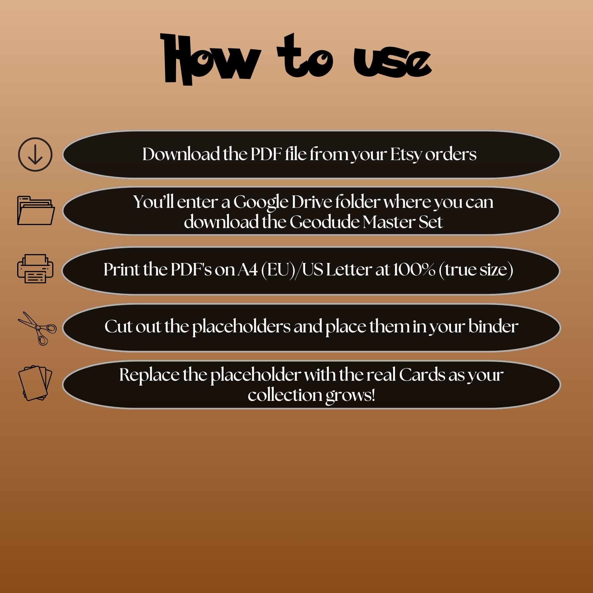 Geodude cards digital download instructions explaining how to print, cut, and place placeholders in a Pokémon binder.