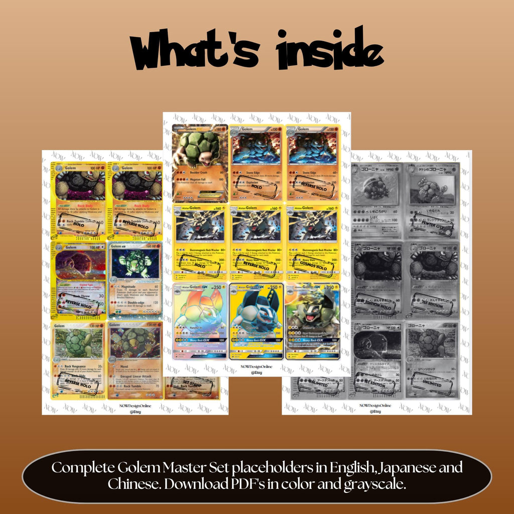 Golem binder pages set overview showing the included Pokémon cards to print and cut for your binder sleeves.