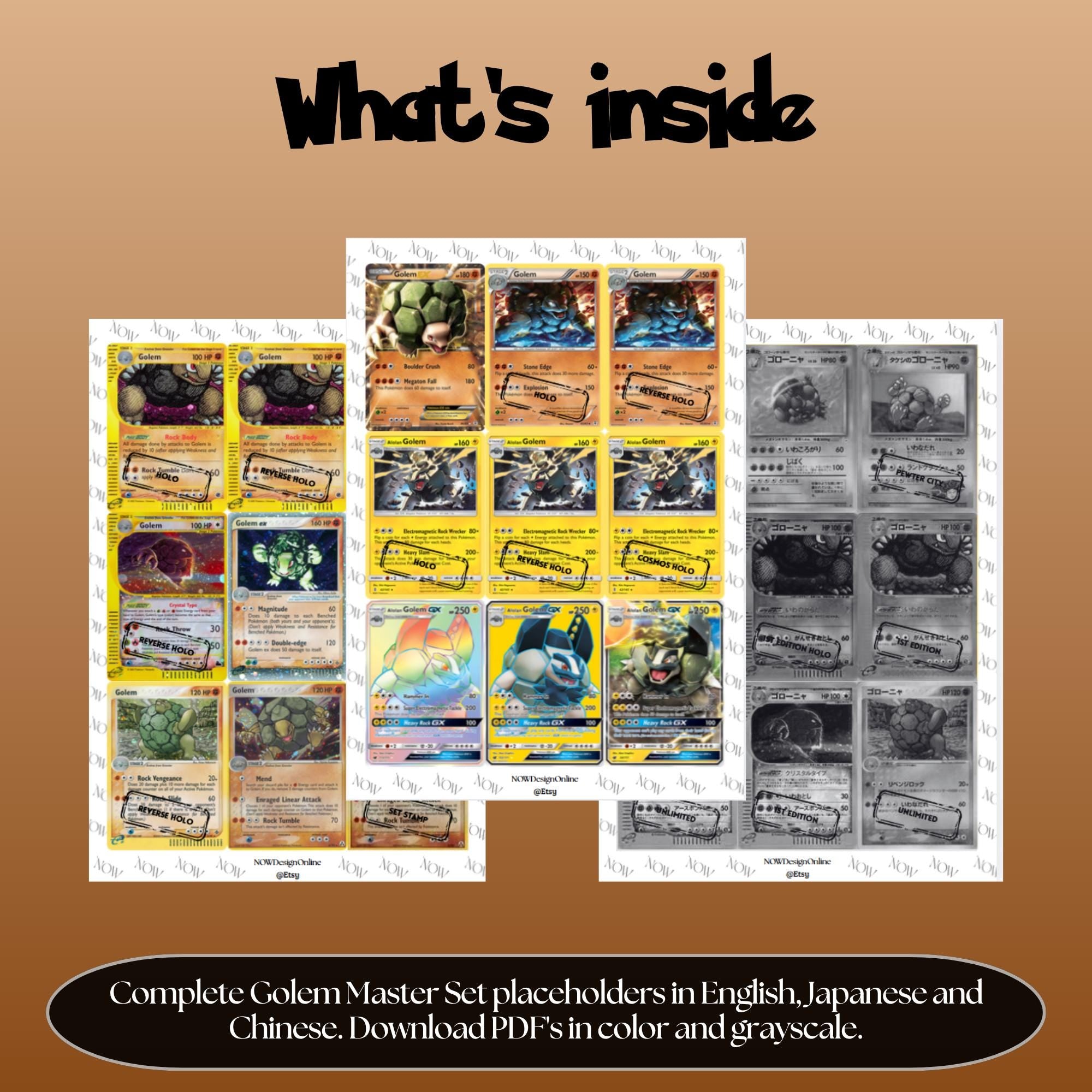 Golem binder pages set overview showing the included Pokémon cards to print and cut for your binder sleeves.
