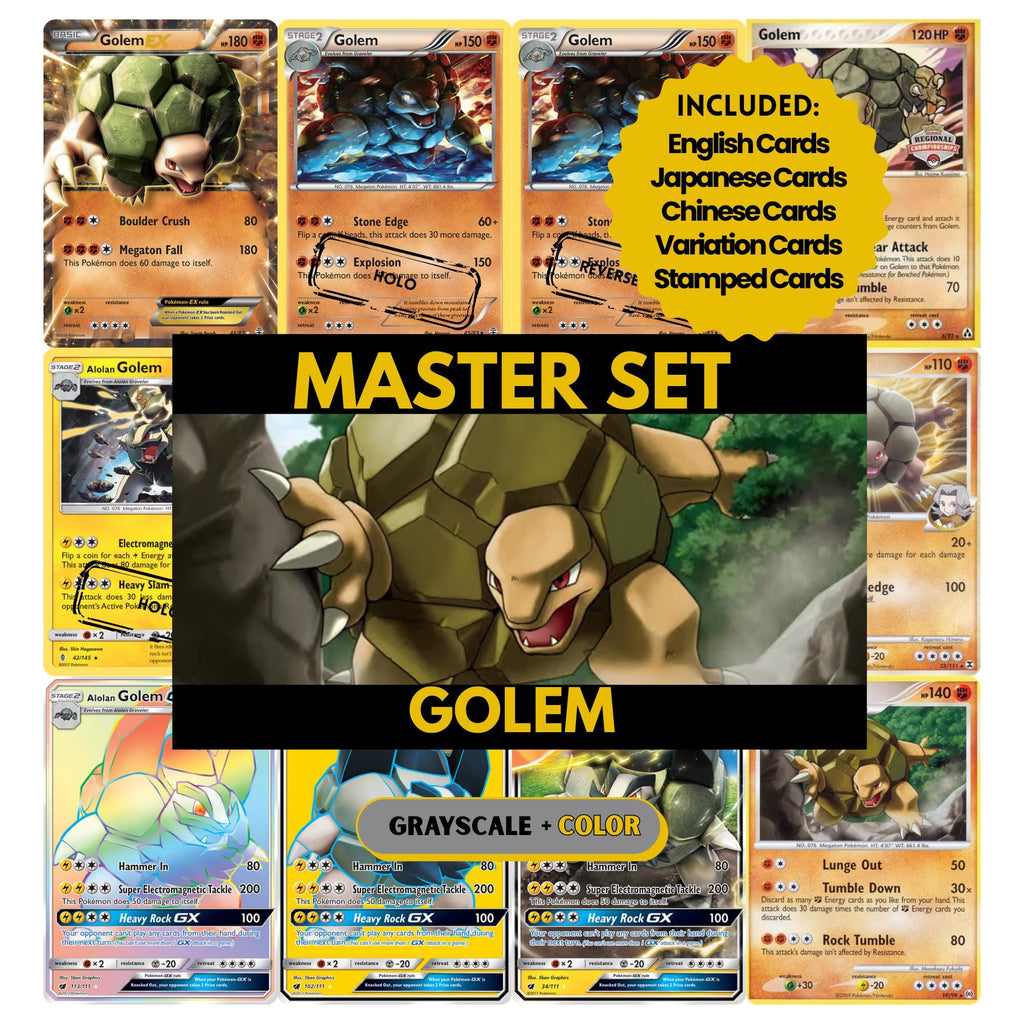 Golem binder pages set showing grayscale and color Pokémon cards, designed as a digital download to complete a collector’s binder.