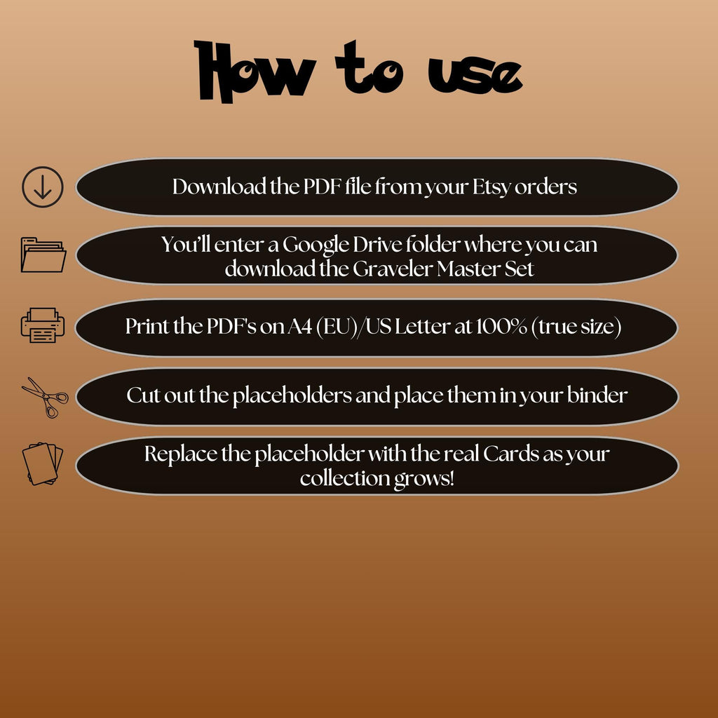 Graveler cards digital download instructions explaining how to print, cut, and place placeholders in a Pokémon binder.