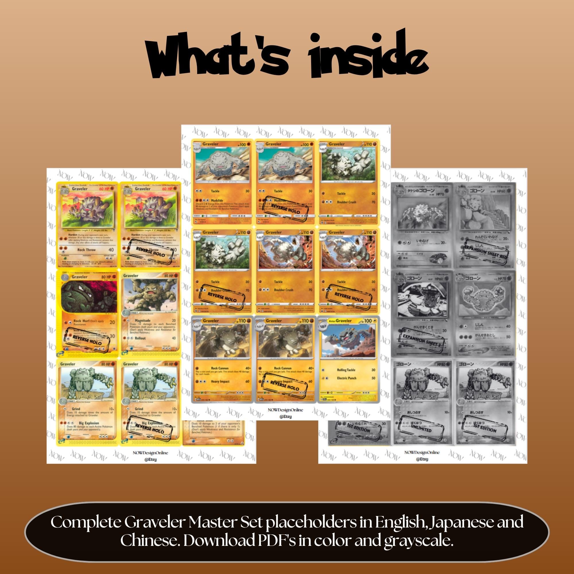 Graveler binder pages set overview showing the included Pokémon cards to print and cut for your binder sleeves.